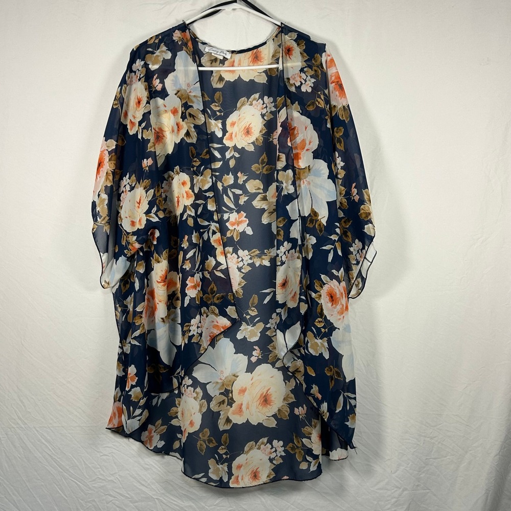 Emory Park Kimono Women XL Navy Floral Sheer Chiffon Open Front Cardigan Wrap